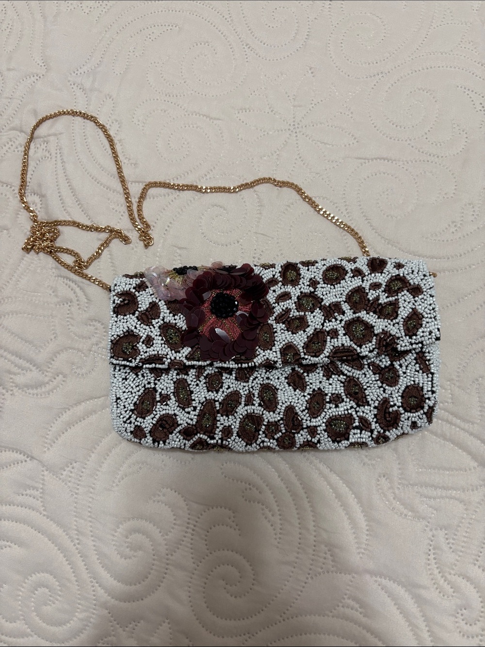 Beaded Floral Accent Clutch in White and Brown with Gold Chain